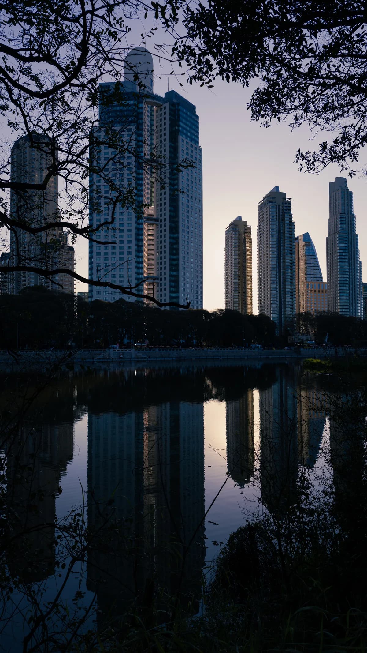 Skyscrapers reflected on lake