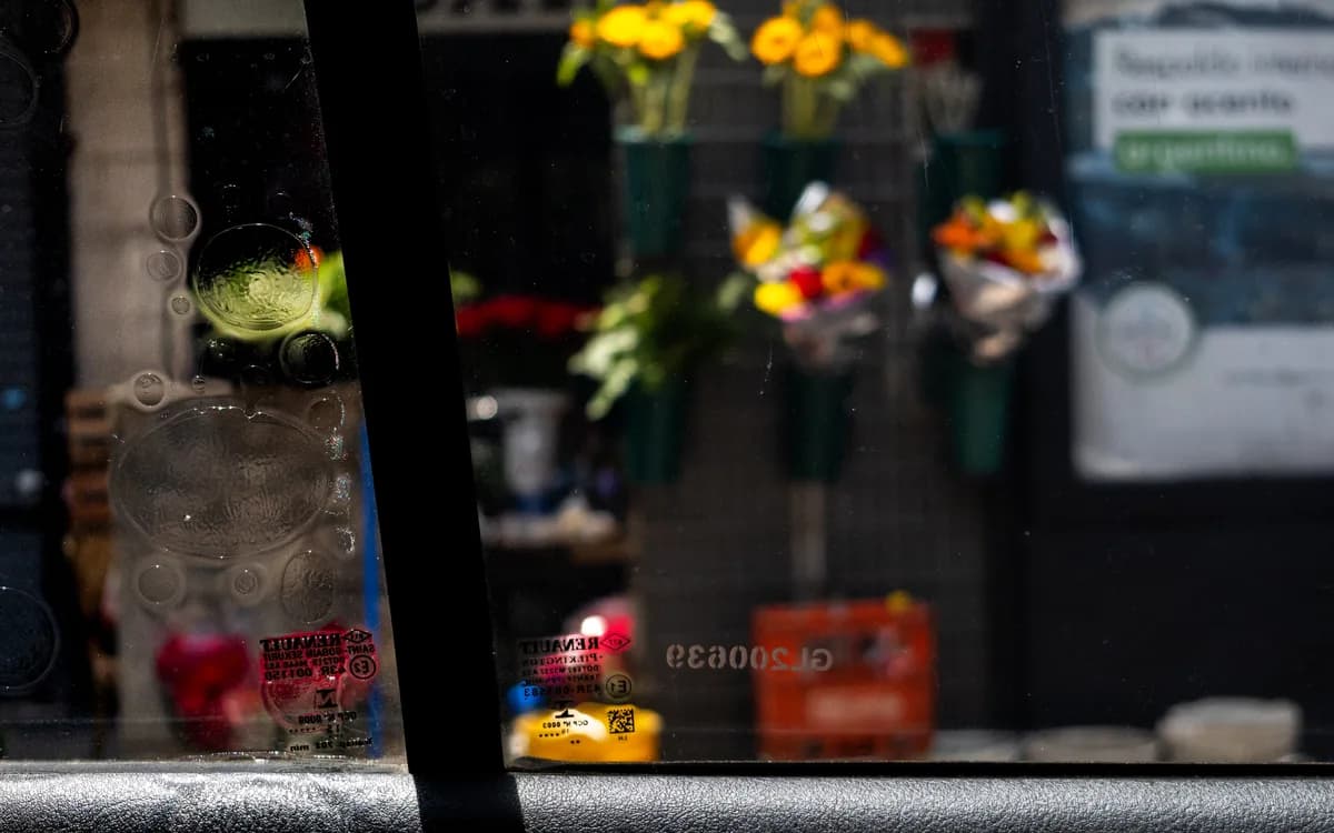 Bubbled tinted window with blurry flowers off focus in the background