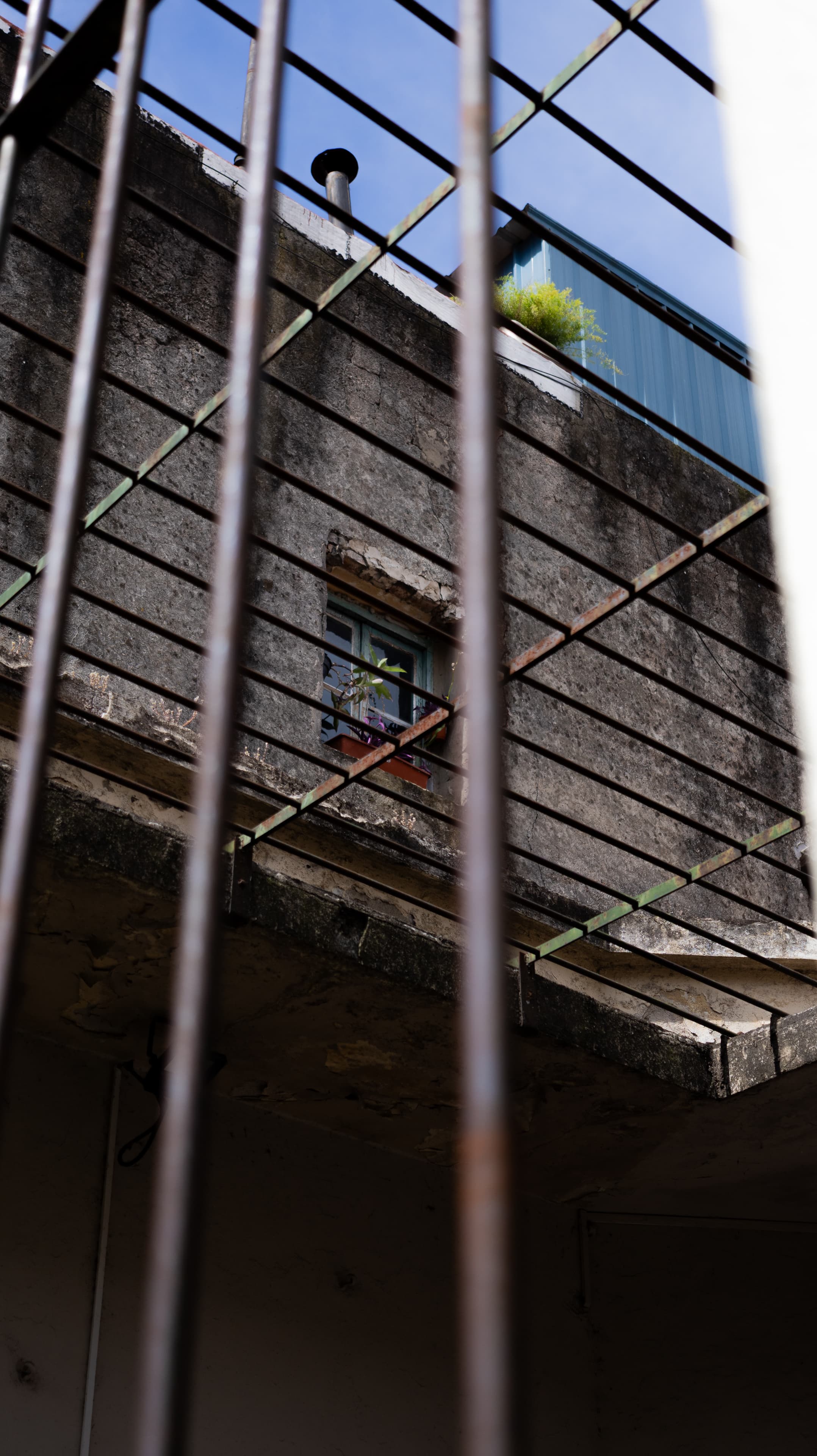A window behind two angled layers of bars