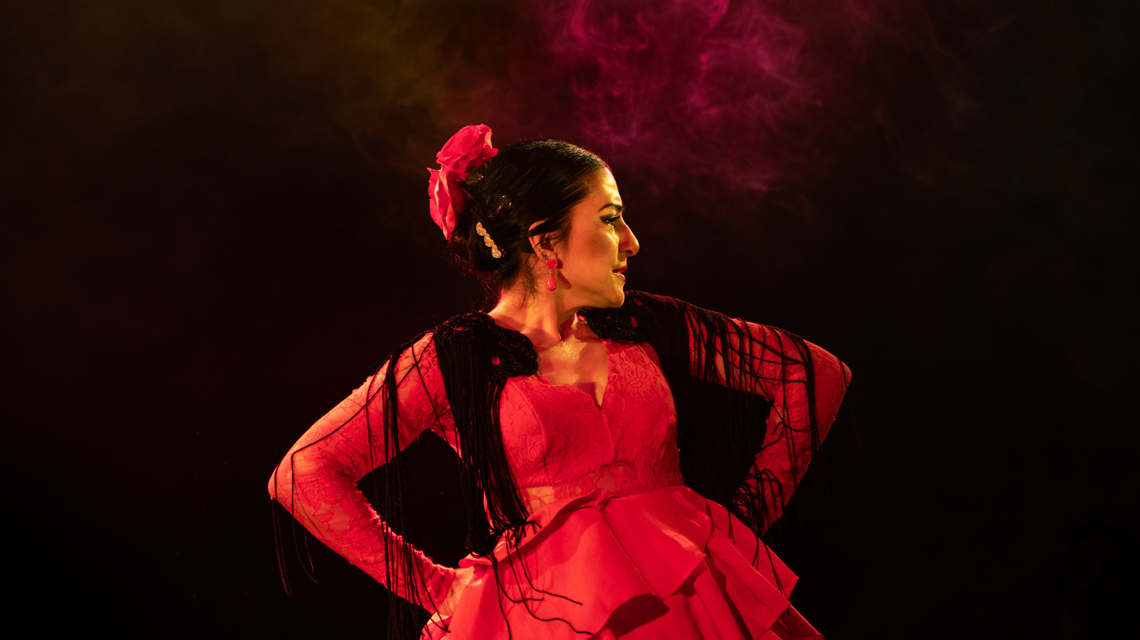 Flamenco dancer in red dress bathed with red smoke